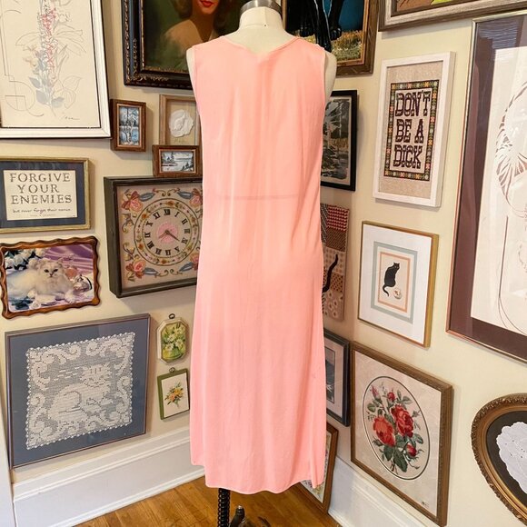 70s Vintage Pastel Orange Neon Nylon Sleeveless Nightgown with Lace Trim Size M - Picture 4 of 5
